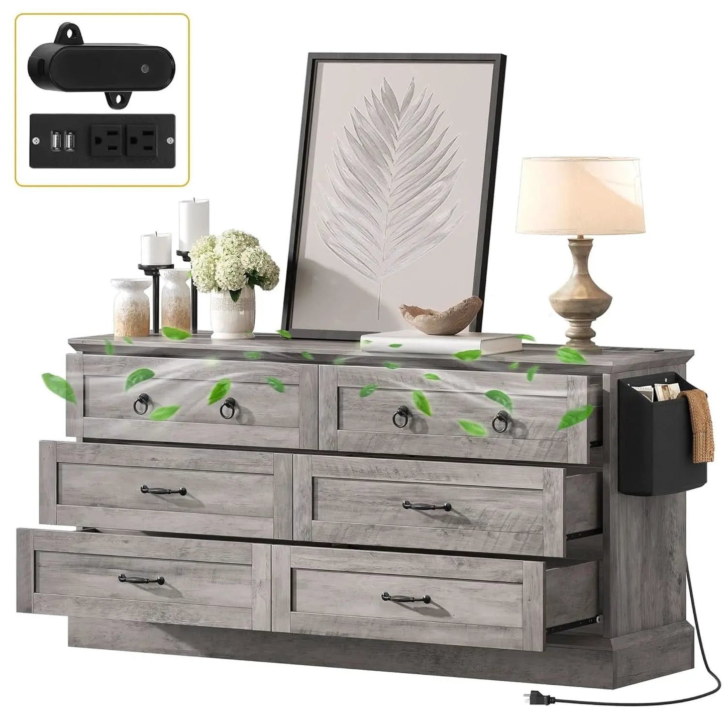 Grey Farmhouse 6 Drawer Dresser 59 Inch Wide With Air Purifier from PriceLows™