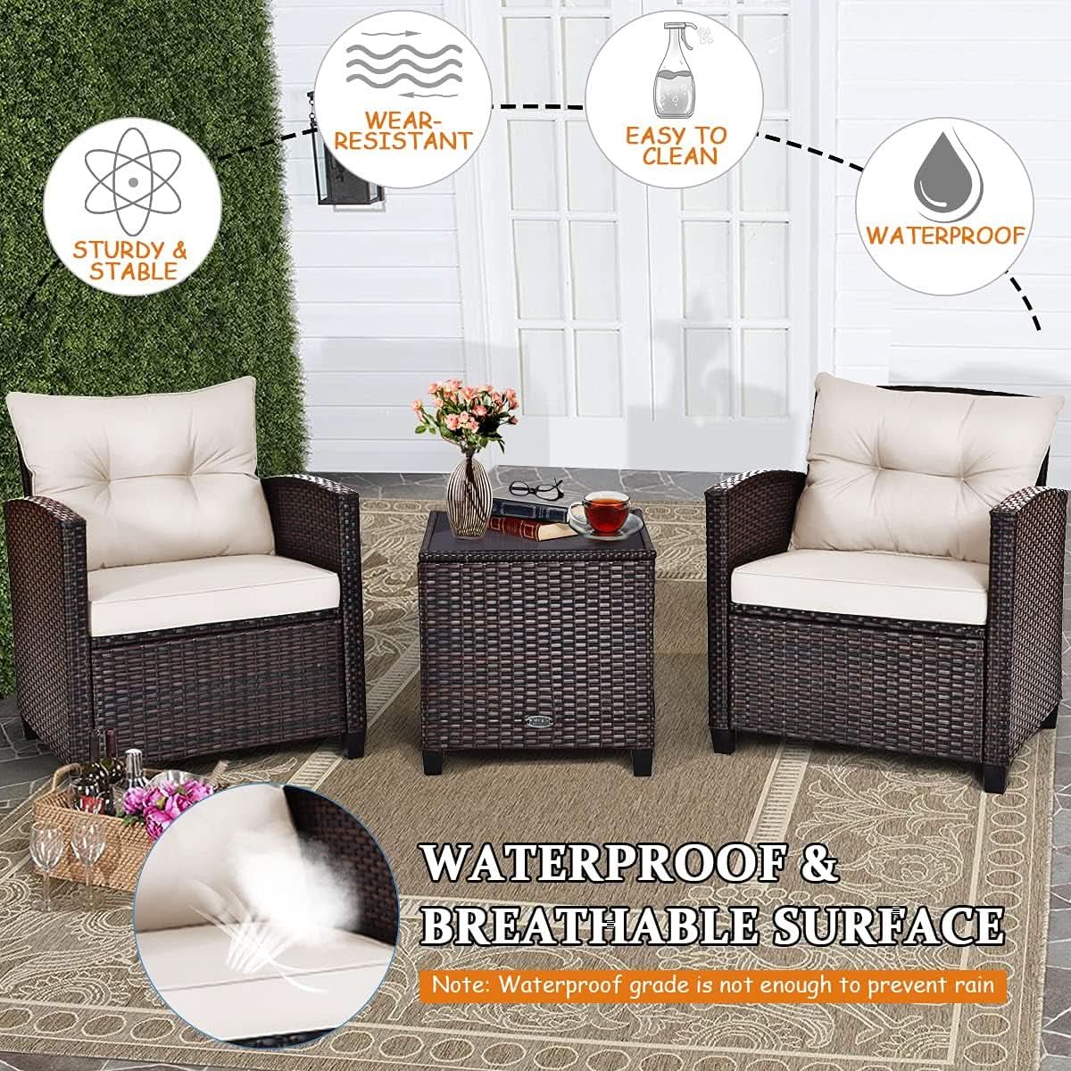 3 Piece Patio Furniture Set White PE Rattan Wicker Outdoor Sofa Set With Washable Cushions And Tempered Glass Tabletop from PriceLows™