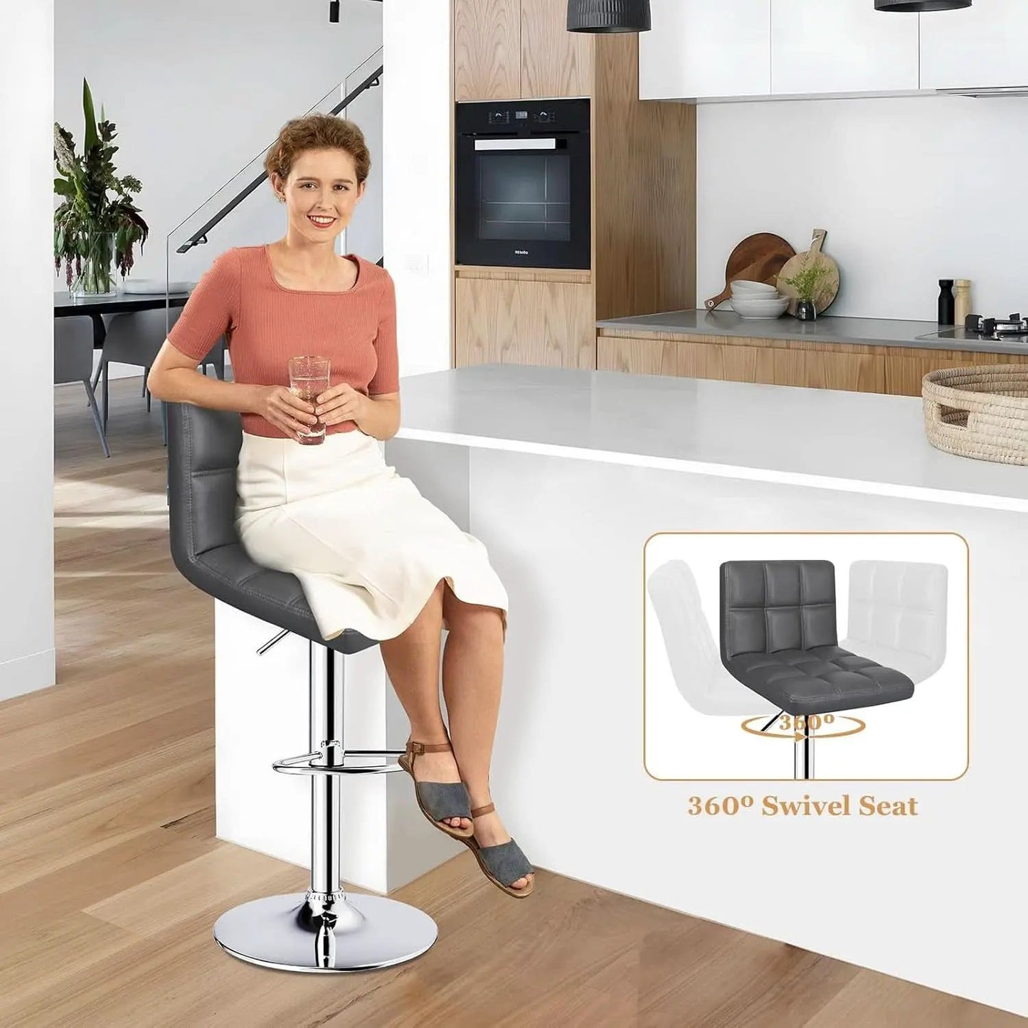 Grey Adjustable Swivel Bar Stools Set of 2 With PU Leather from PriceLows™