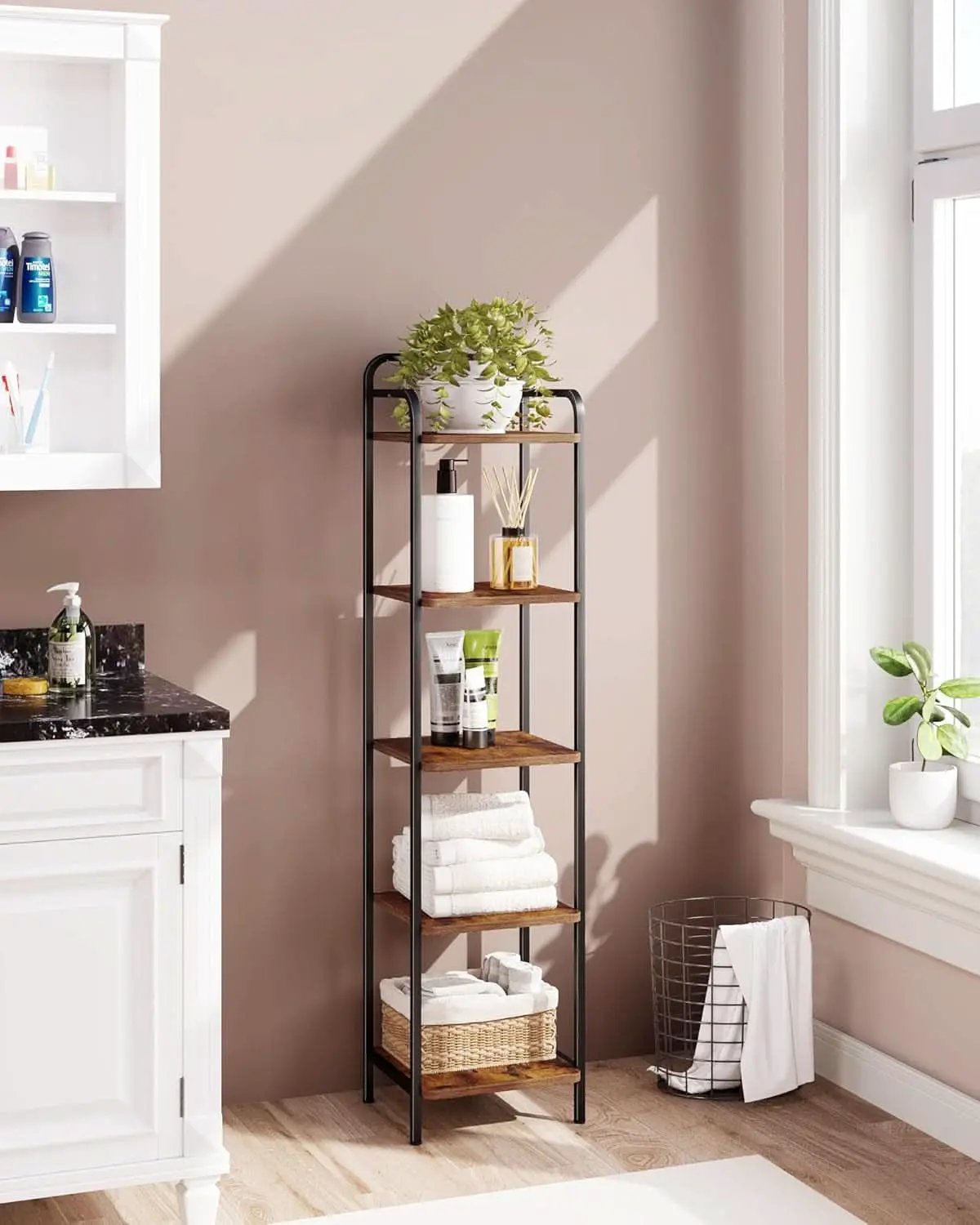 5-Tier Industrial Corner Shelf Narrow Rustic Black Bookcase from PriceLows™