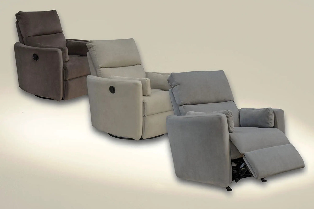 Crescent Swivel Glider Recliner | Unique Shape | Side Bolsters | Power Rocker Option