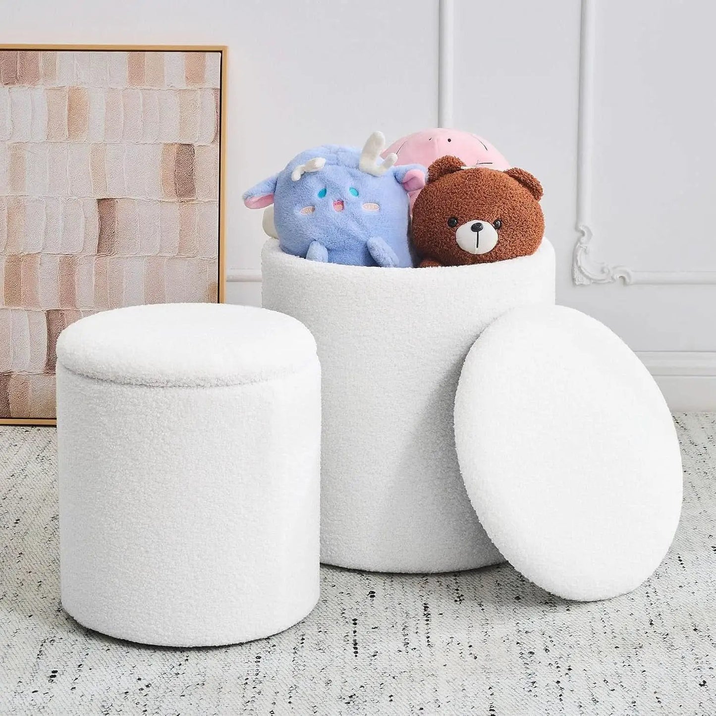 White Round Boucle Velvet Upholstered Storage Ottoman from PriceLows™