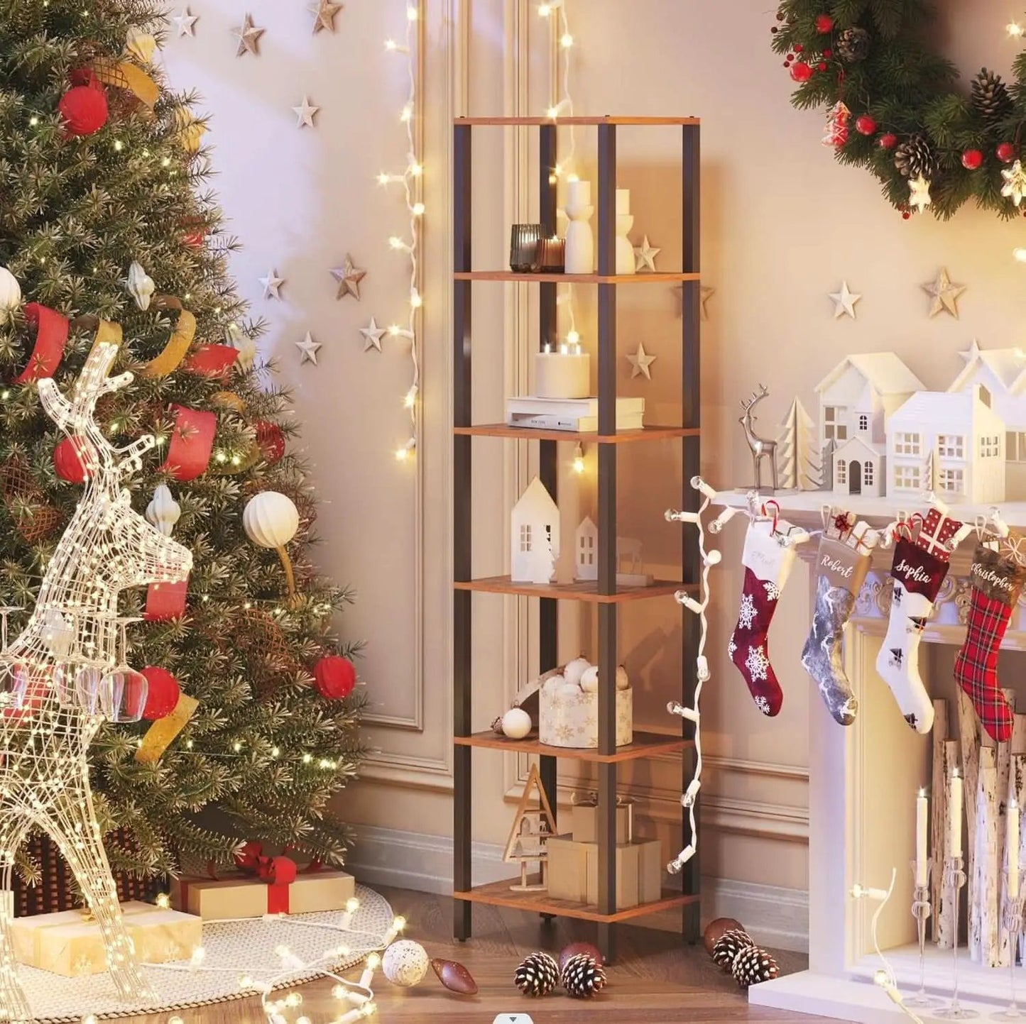 Six Tier Tall Bookshelf Narrow Rustic Brown Bookcase from PriceLows™
