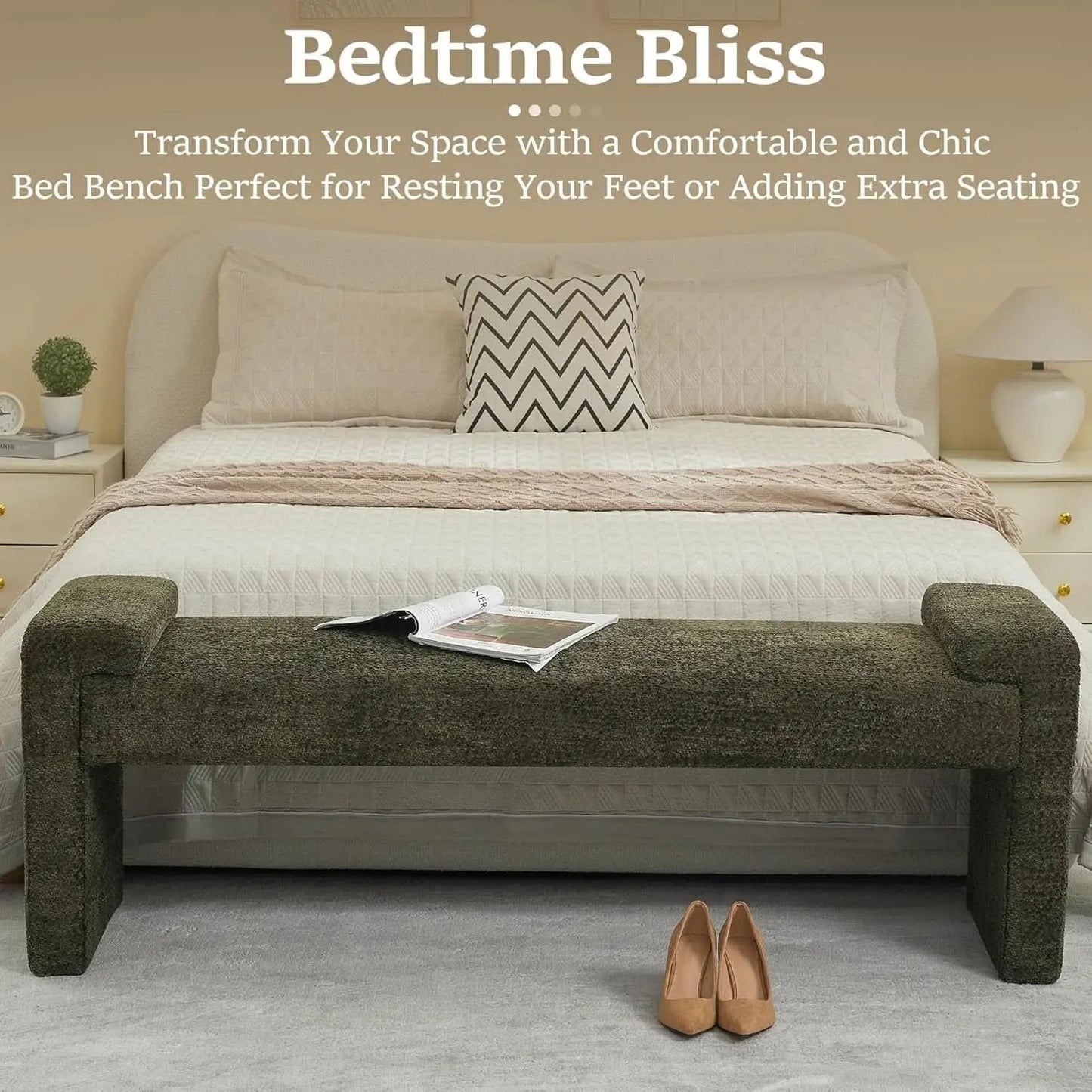 Green Upholstered End Of Bed Bench Curved Wood Frame from PriceLows™