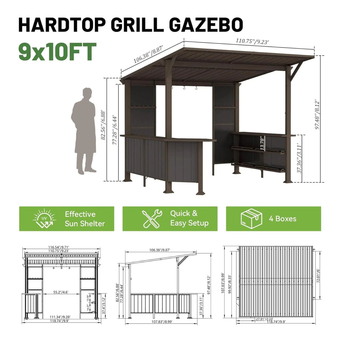 Hardtop Grill Gazebo | 9x10 Ft Footprint | Galvanized Steel Roof | Single-Slope Smoke Control