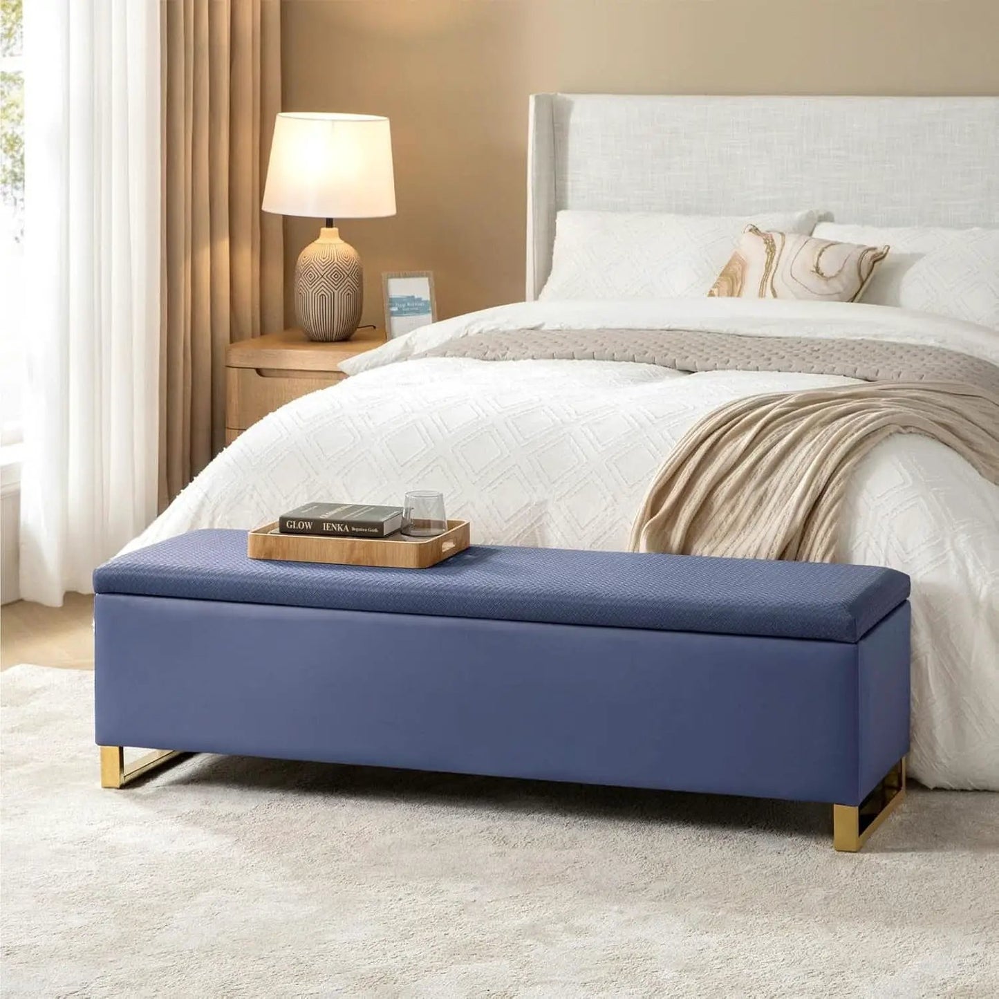Navy Upholstered Storage Ottoman Bench With Hideaway from PriceLows™