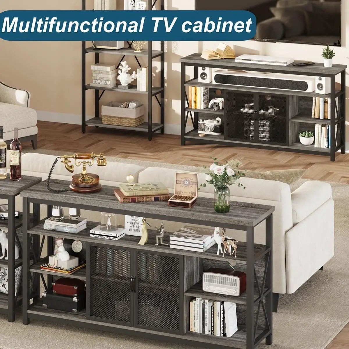 Tall TV Stand for 65 Inch TV With Storage Cabinet Grey Oak from PriceLows™