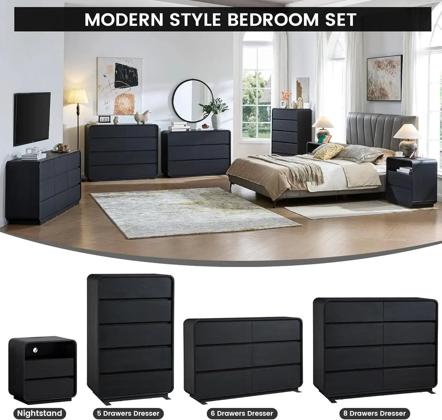 Black Hardwood Dresser With Curved Front Storage Panel from PriceLows™