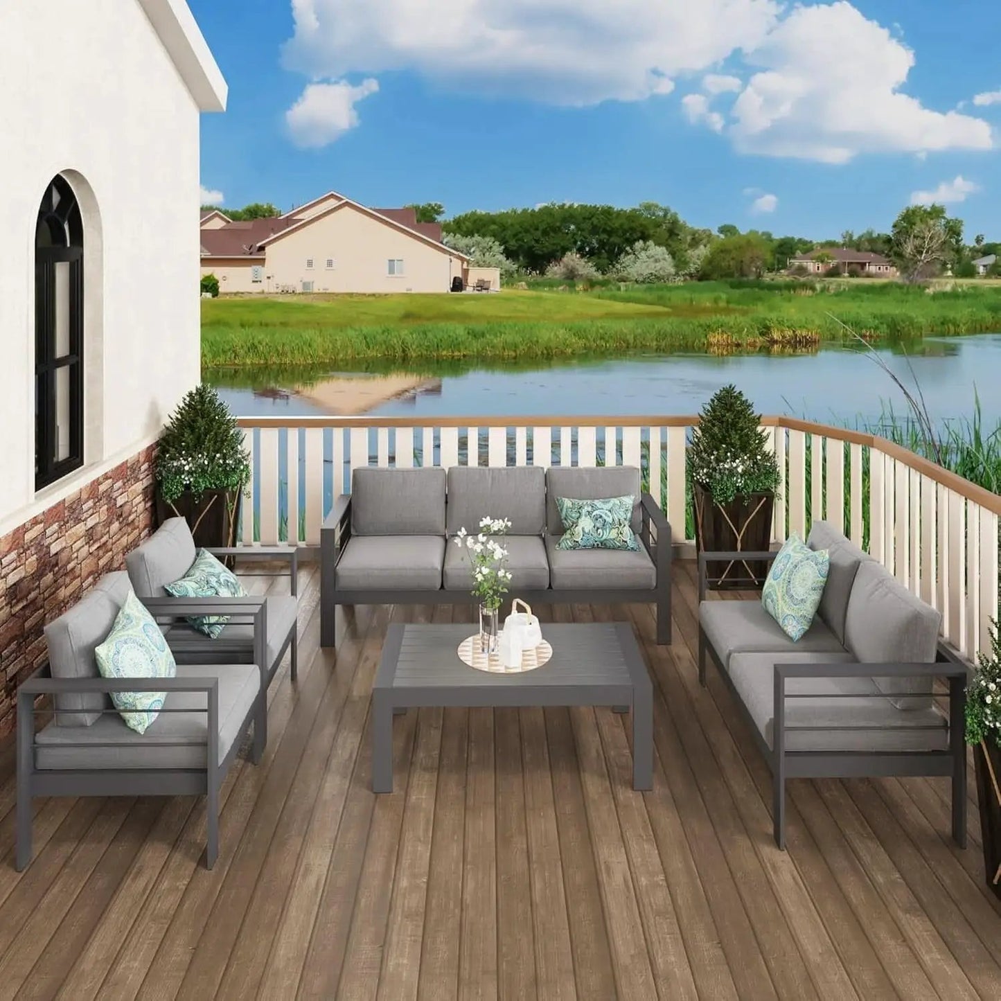 Aluminum Patio Furniture Set Seven Seat Outdoor Conversation Grey Cushions from PriceLows™