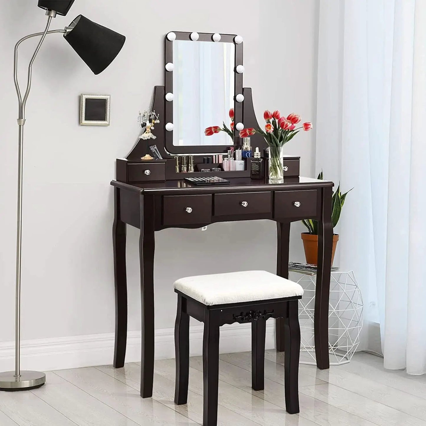 Brown Vanity Table Set With 10 LED Lights For Bedroom from PriceLows™