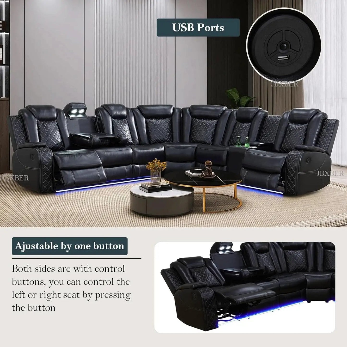 Power Recliner Sectional Sofa Set In Black With Led Lights from PriceLows™