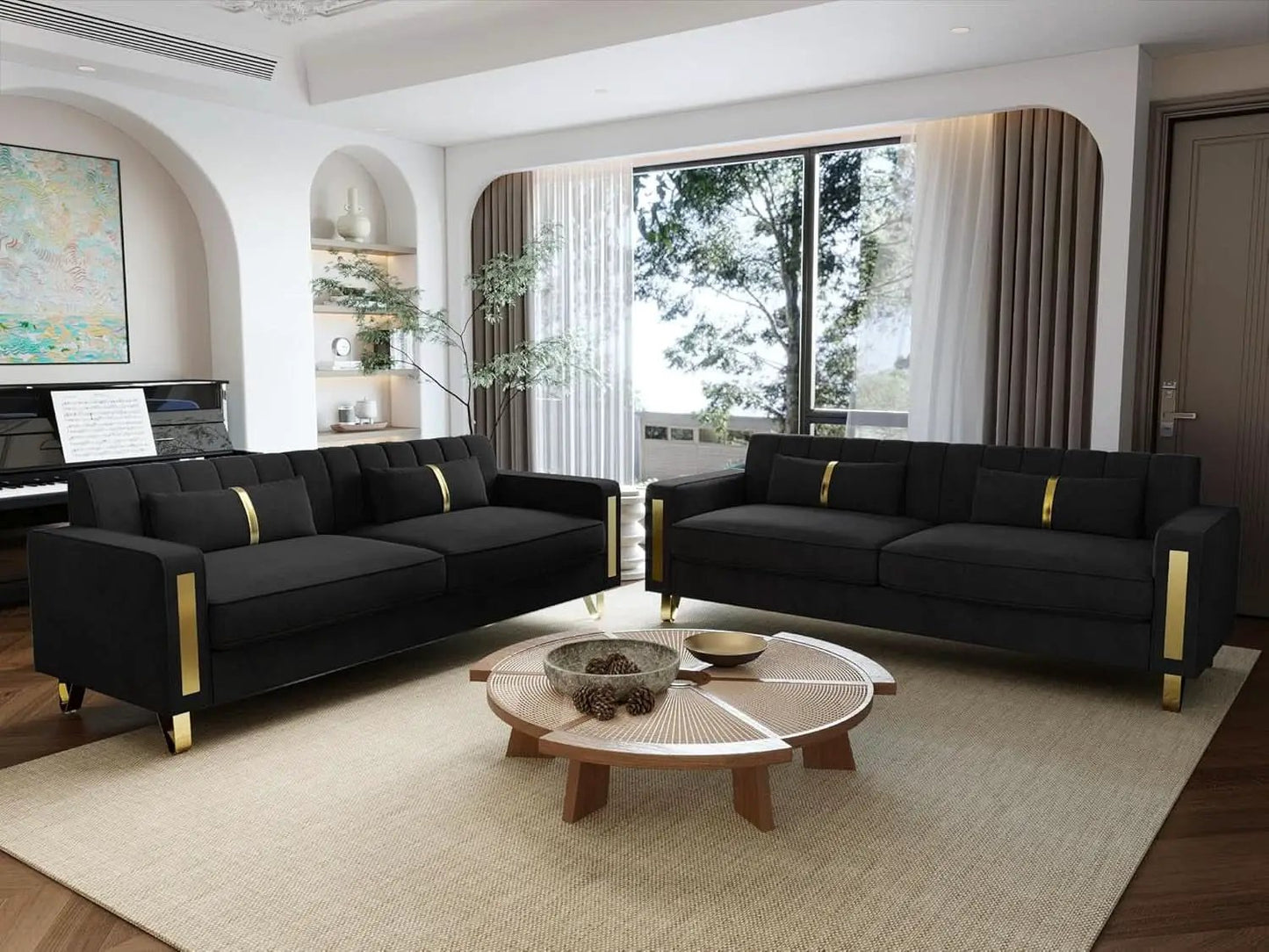 86-Inch Black Velvet Loveseat With Gold Metal Legs For Living Room from PriceLows™