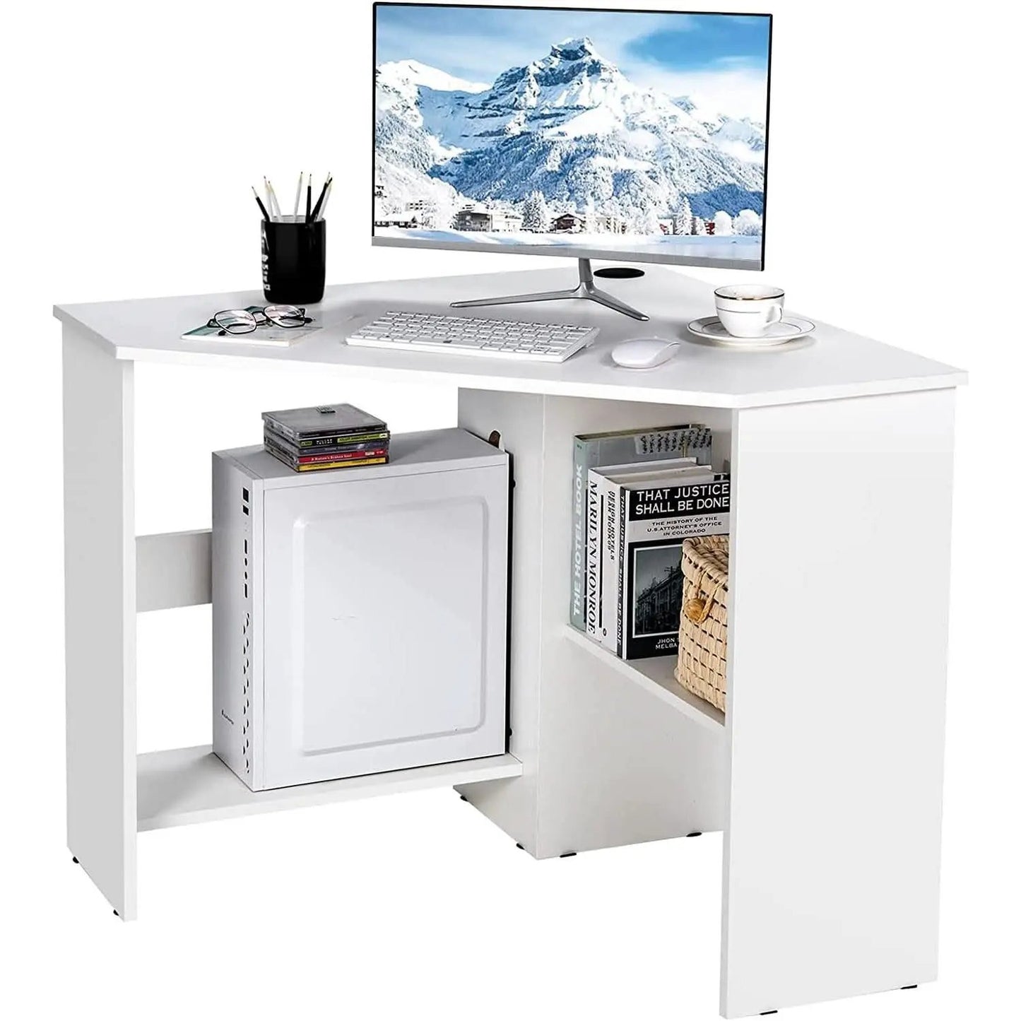 Compact White Corner Desk With Storage Shelves For Home Office from PriceLows™