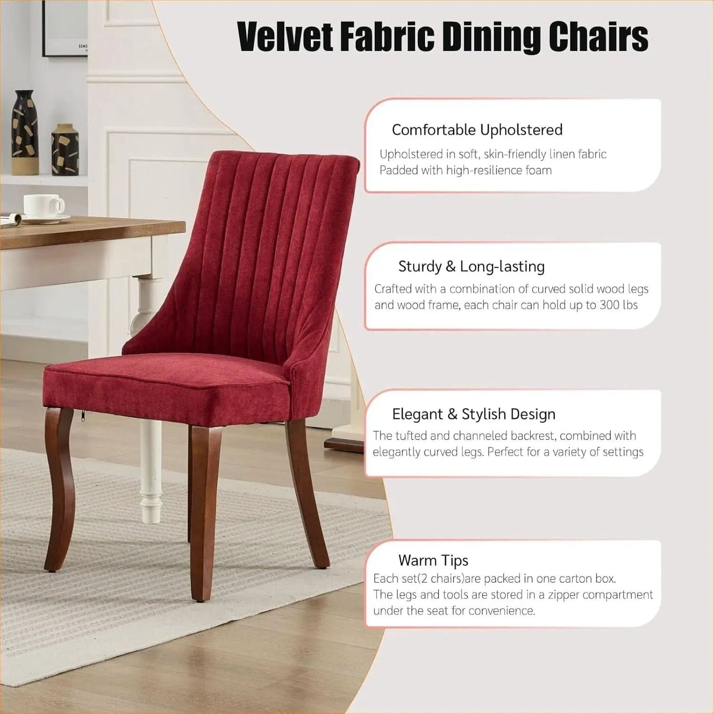 Velvet Dining Chairs Wine Red Channel Tufted Wood Legs from PriceLows™