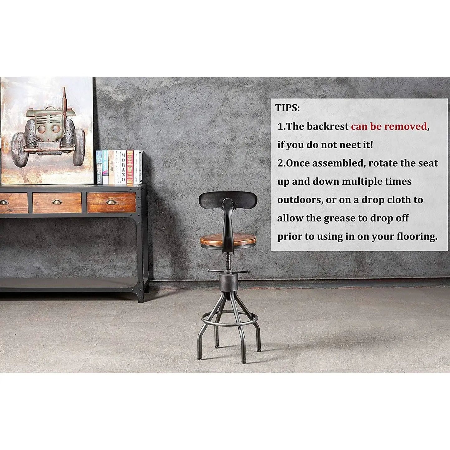 Adjustable Rustic Industrial Bar Stool Brown Seat Set of 2 from PriceLows™