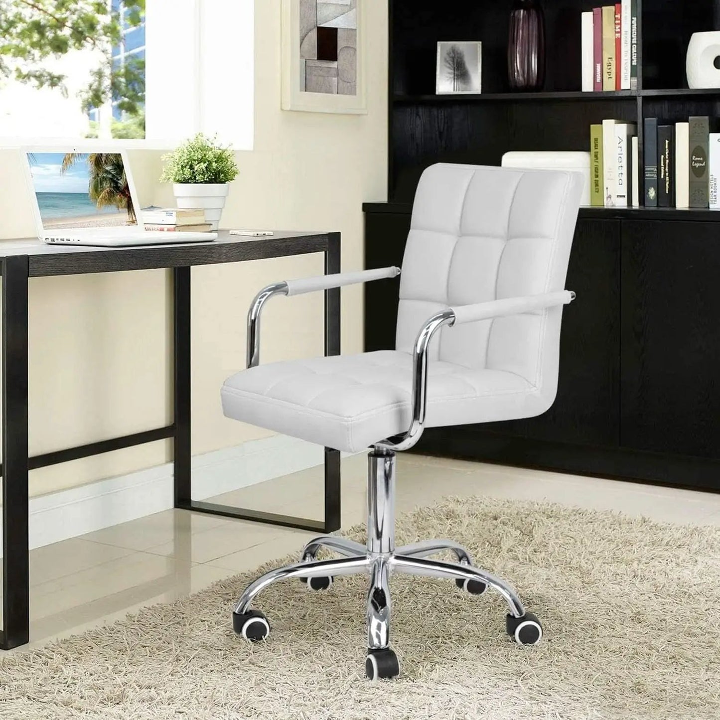 White PU Leather Desk Chair With Wheels Mid Back Office Chair from PriceLows™