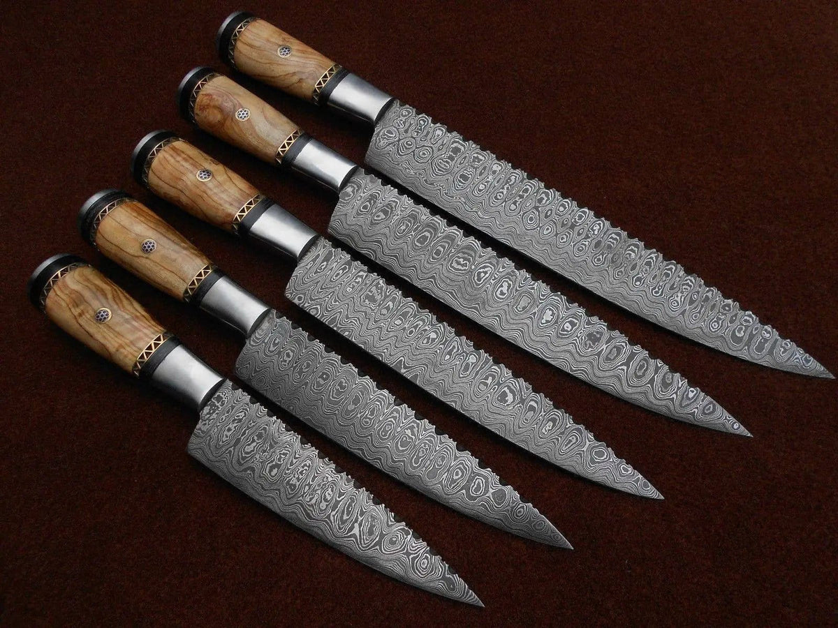 Custom Handmade 13” Damascus Steel Knife with Olive Wood Handle & Steel Bolster | 8 Inch | Damascus Steel | Kitchen Knives Set