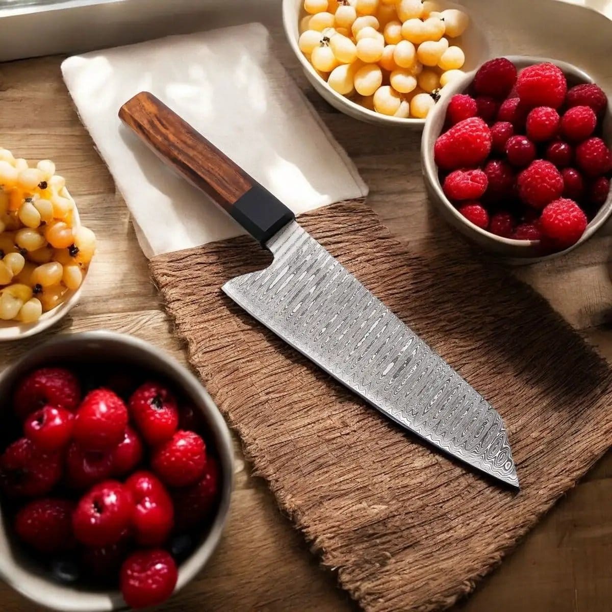 Handmade Damascus Chef Knife handle made of olive wood details | Damascus Steel | Kitchen Knife | Home