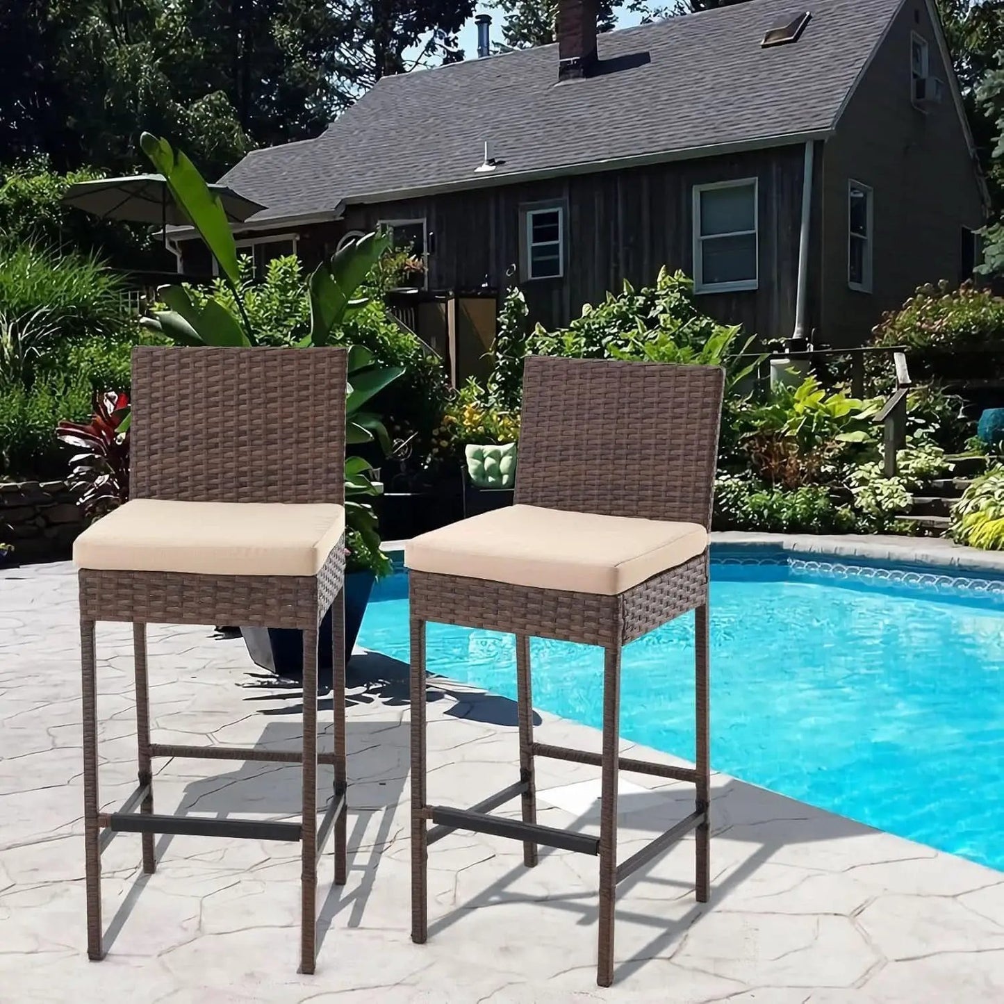 Outdoor Rattan Bar Stools Set with Cushions Comfort from PriceLows™