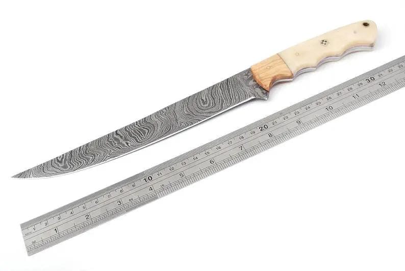 Custom Handmade 13 Inch Damascus Fillet Knife with Olive Wood and Bone Handle | 13 Inch | Damascus Steel | Home