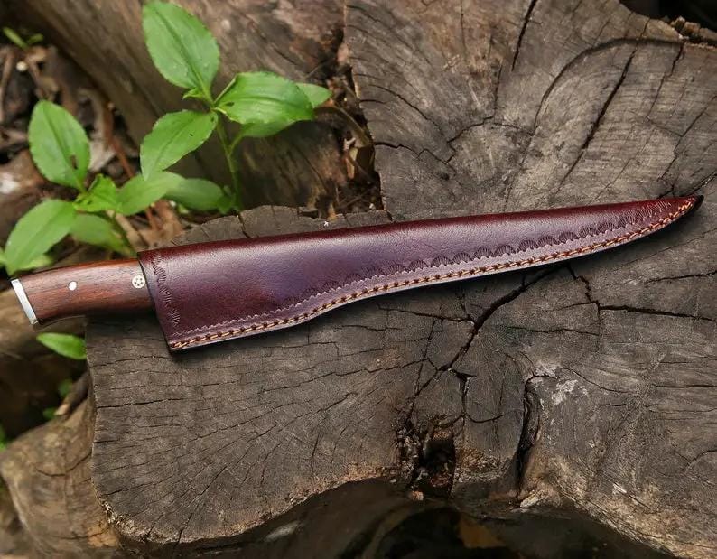 Custom Handmade 13 Inch Damascus Steel Fillet Knife with Rosewood Handle and Steel | 13 Inch | Damascus Steel | damascus fillet Knife