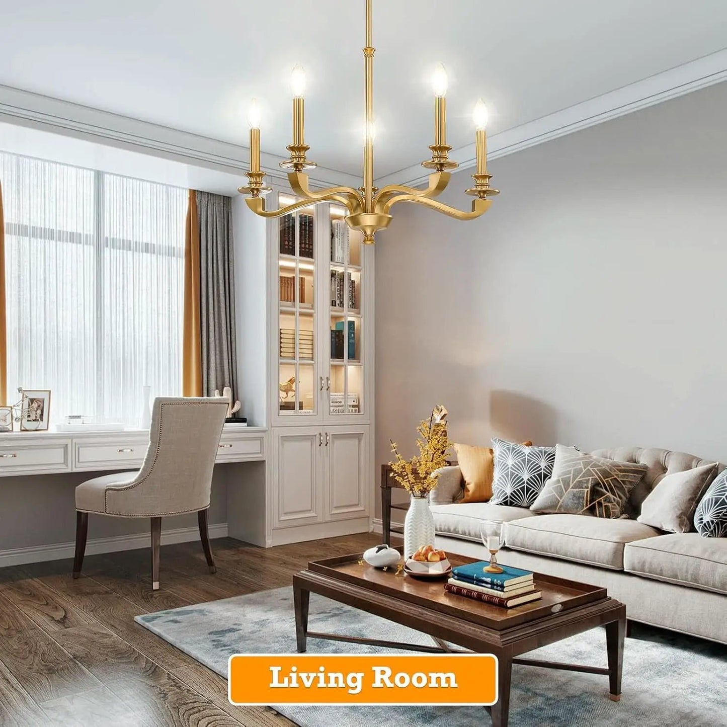 Gold 5 Light Chandelier 25.5 Inch Farmhouse Brass Dining from PriceLows™