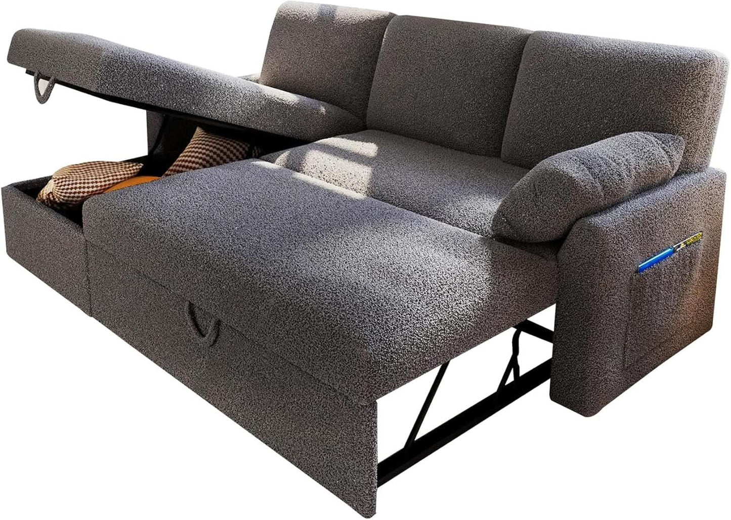Grey Boucle Upholstered Convertible Sofa Bed Storage from PriceLows™