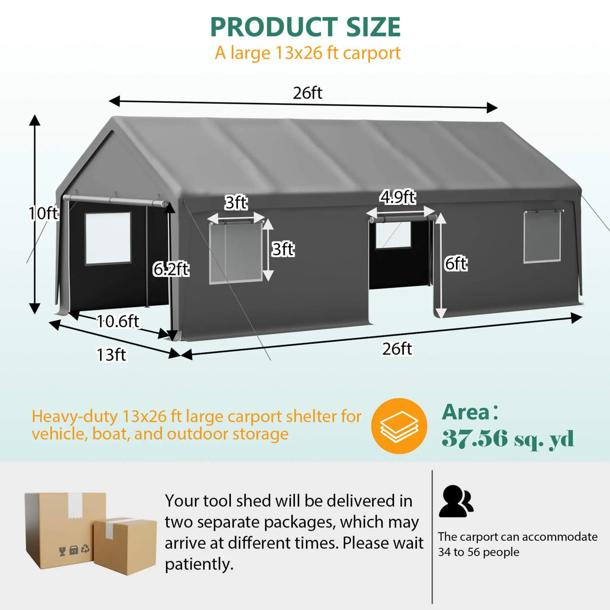 Heavy-Duty Carport Canopy | 13x26 Ft | Roll-Up Doors And Windows | Powder-Coated Steel Frame