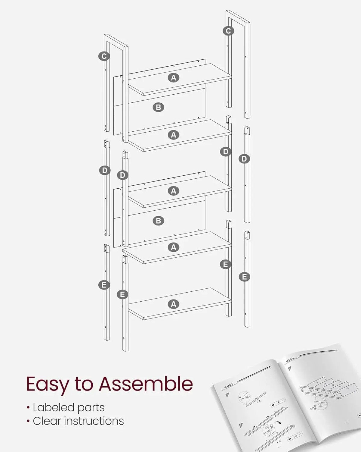Five Tier Bookshelf With Steel Frame Charcoal Gray Black from PriceLows™