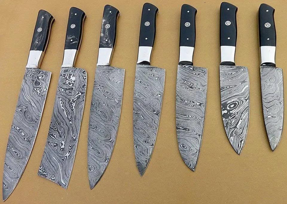 Custom Handmade 13” Damascus Steel Kitchen Knife Buffalo Horn Handle with Steel | 8 Inch | Damascus Steel | Kitchen Knives Set