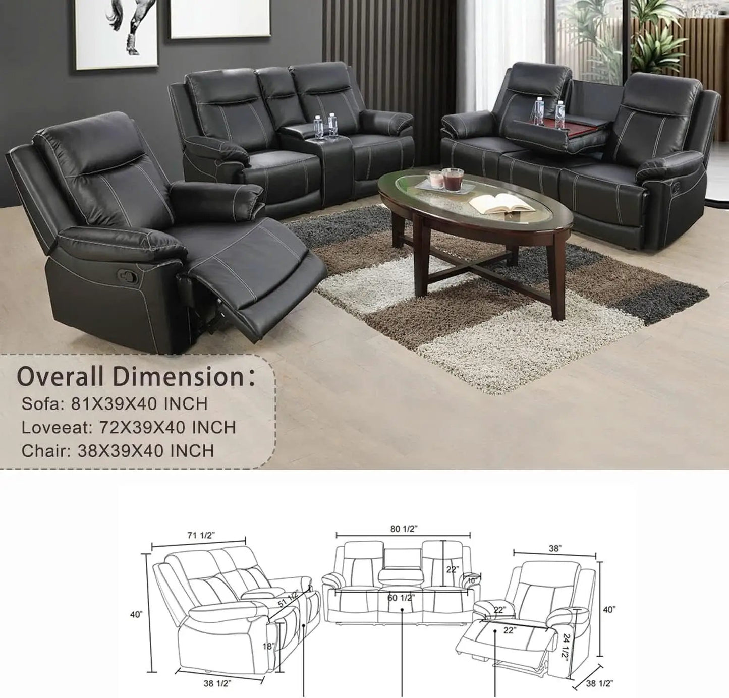 Manual Recliner Sofa Set Black Bonded Leather Cup Holders from PriceLows™