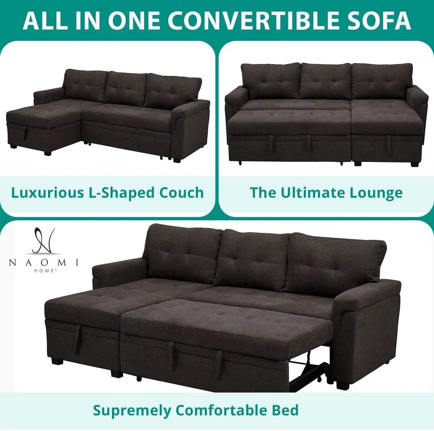 Espresso Velvet Sleeper Sectional Sofa Bed Chaise Set from PriceLows™