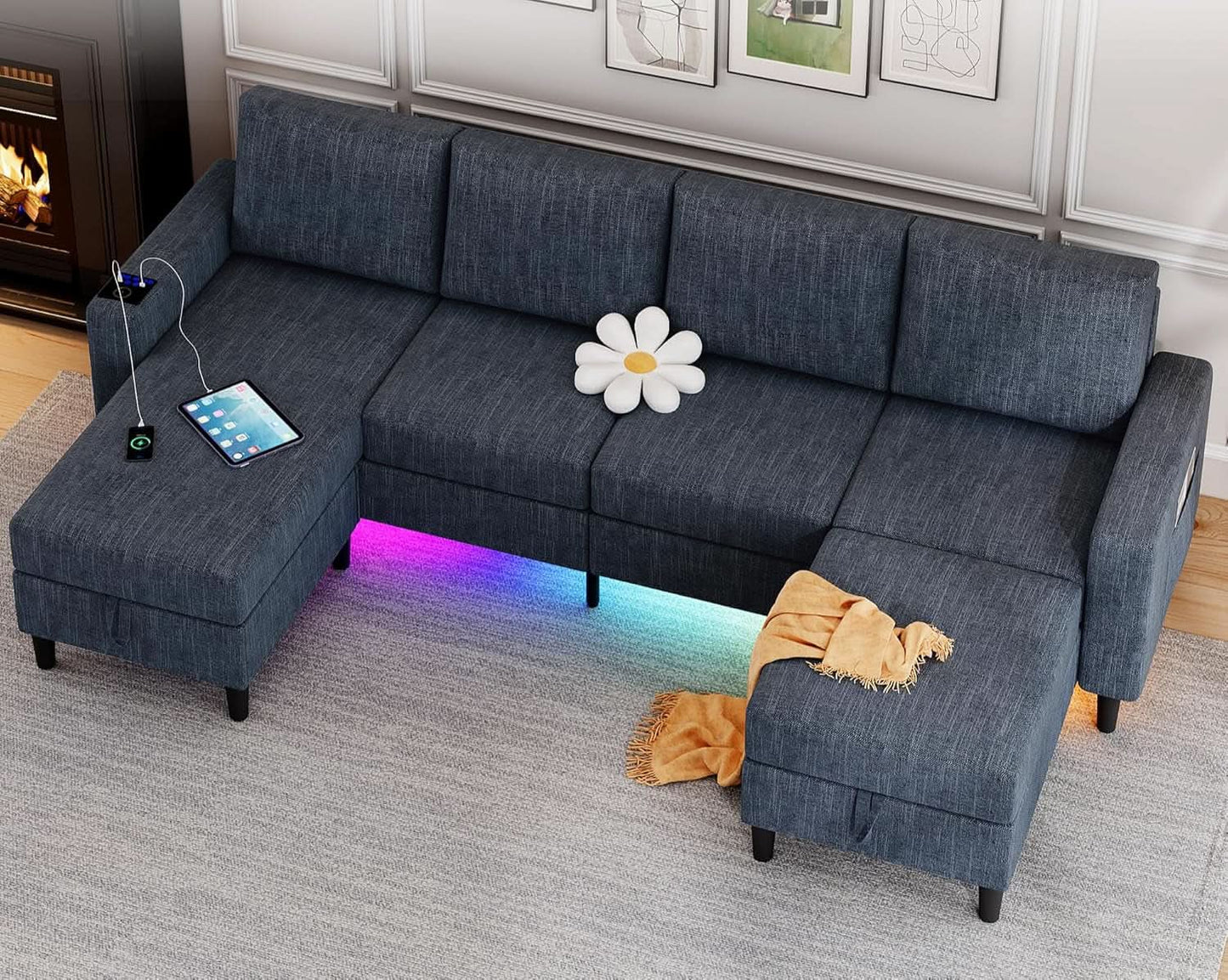 Blue Sectional Sofa With Reversible Chaise And Ottoman from PriceLows™
