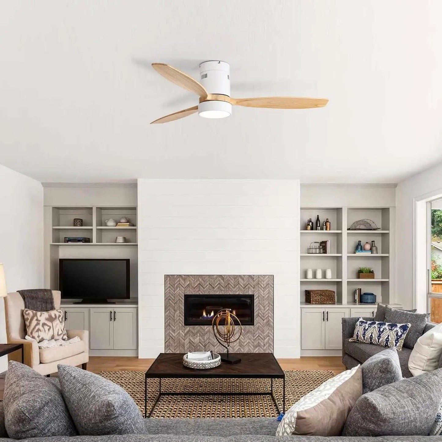 52 Inch White Wood Ceiling Fan With LED Light And Remote from PriceLows™