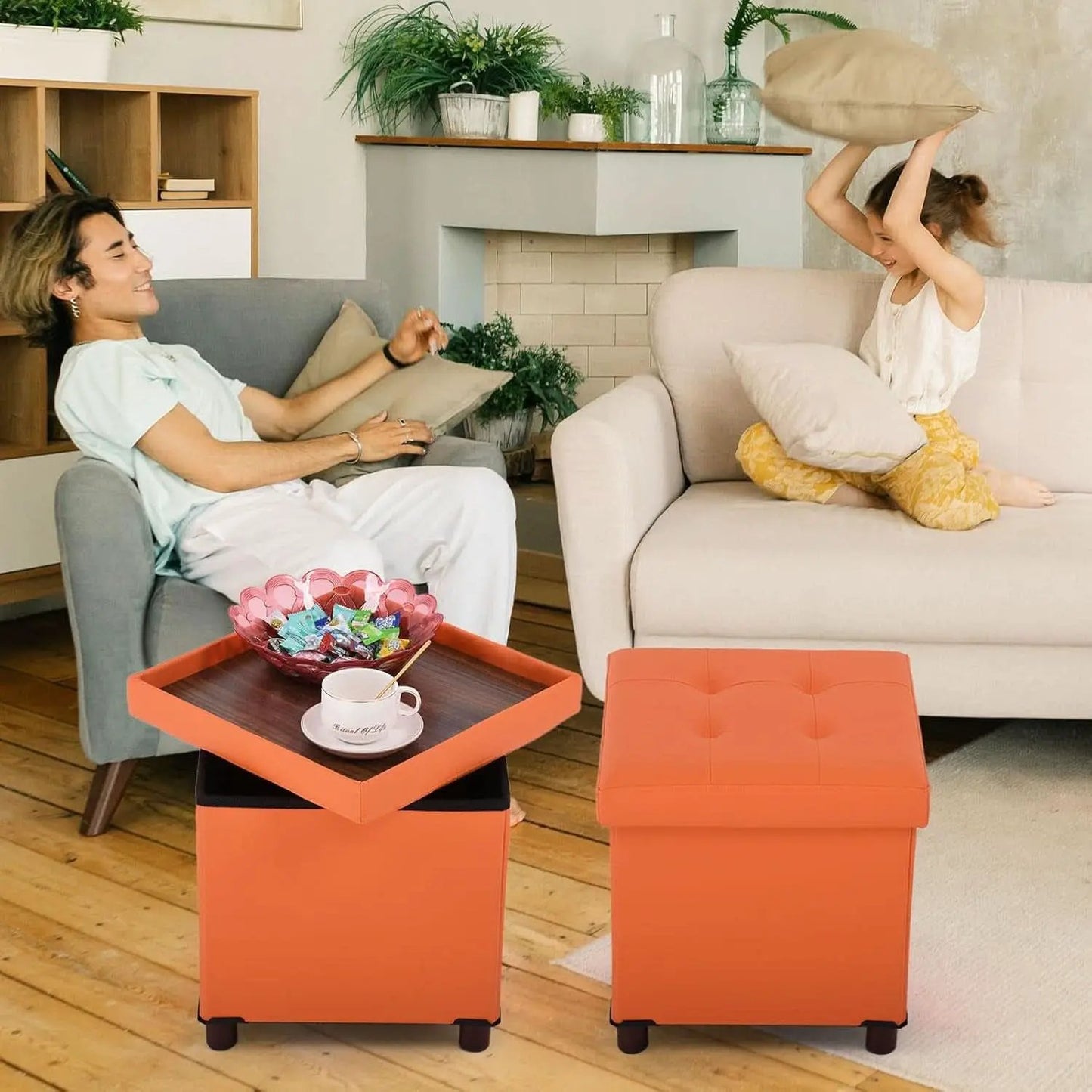 Orange Faux Leather Storage Ottoman With Wooden Tray from PriceLows™