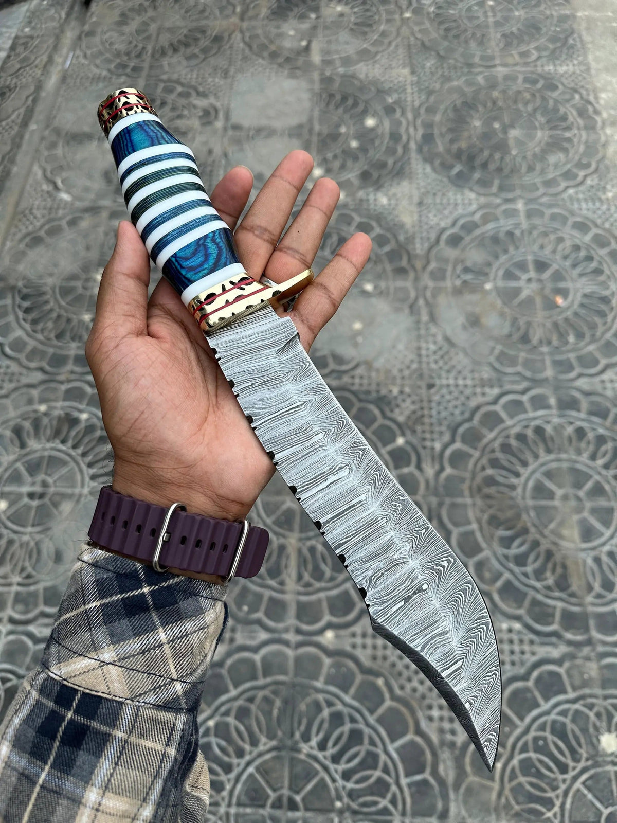 The Masterpiece Bowie: 14 Inch Damascus Steel Bowie Knife with Exotic Pakka Wood | 14 Inch | Damascus Steel | Hunting & Survival Knife