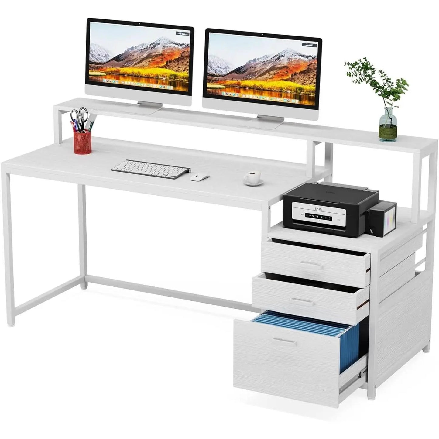 White Computer Desk With File Cabinet And Monitor Stand from PriceLows™