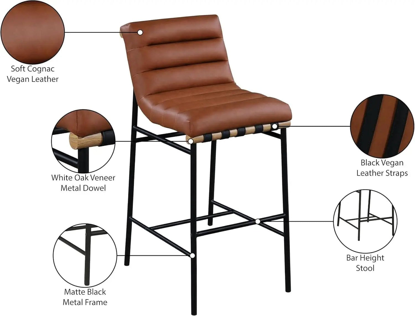 Burke Collection Modern Cognac Vegan Leather Bar Stool Matte Black Frame from PriceLows™