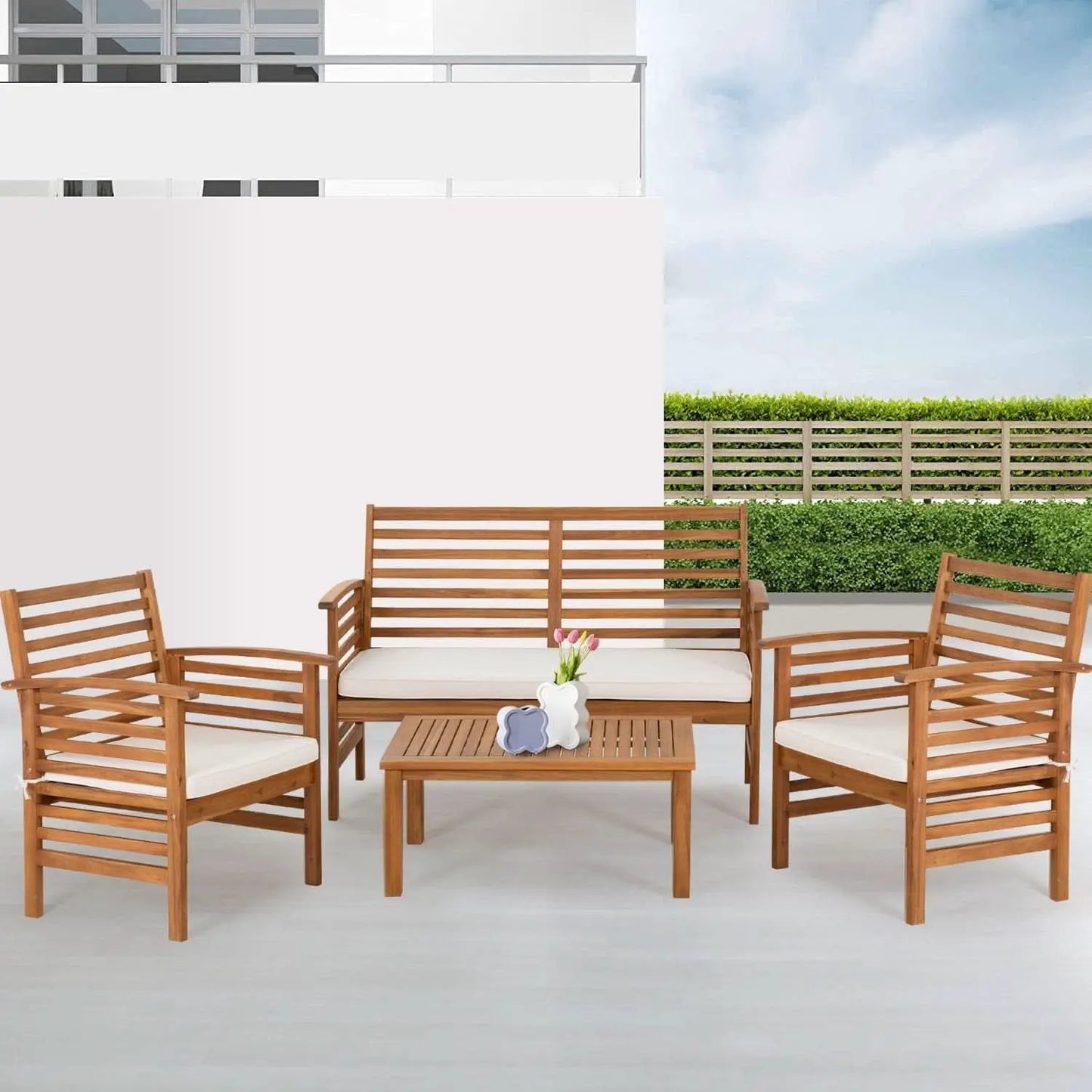 Outdoor Wood Sofa Set Natural Acacia With Thick Cushions from PriceLows™