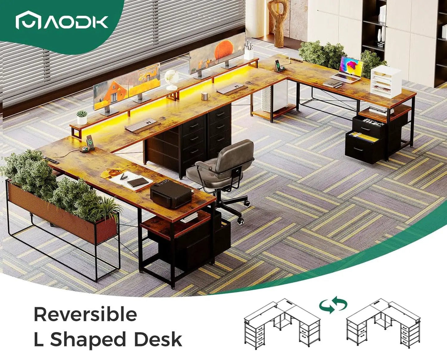 66 Inch L Shaped Desk With LED Lights And Power Outlet from PriceLows™