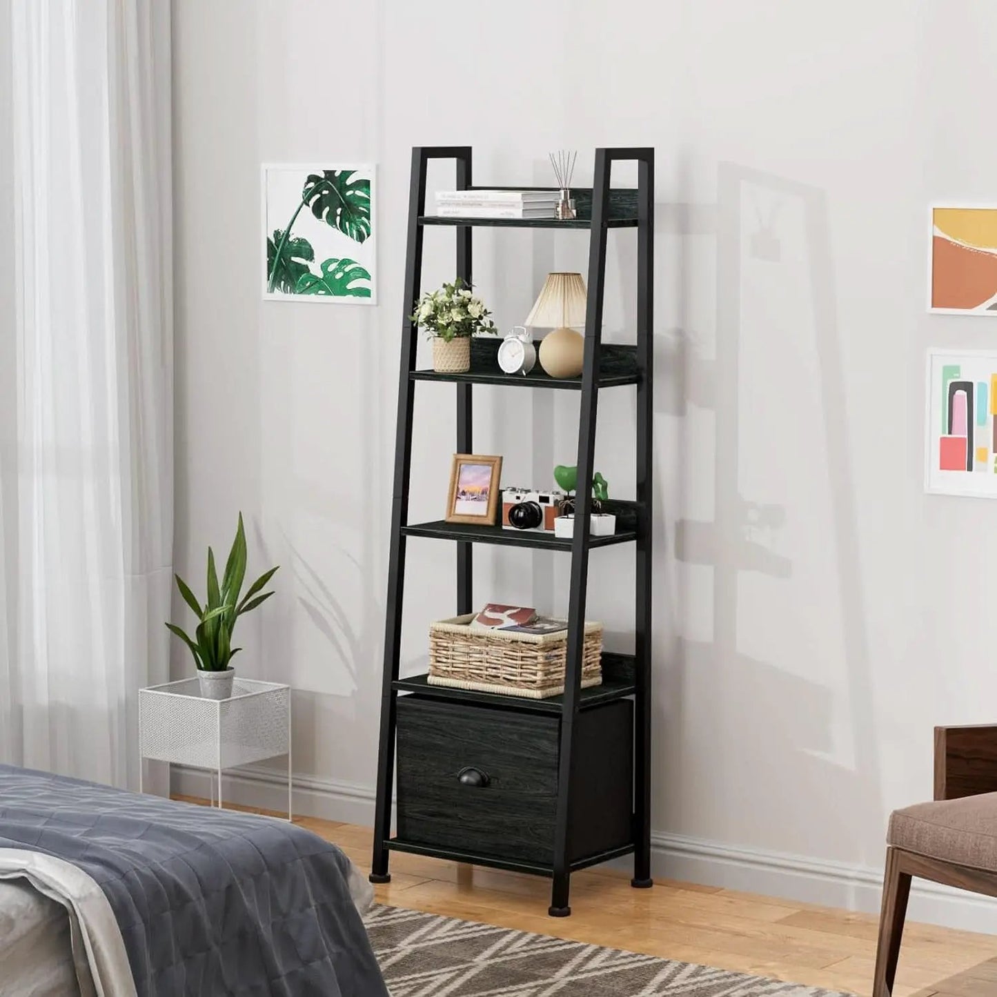 5 Tier Ladder Shelf With Drawer Narrow Black Oak Finish from PriceLows™