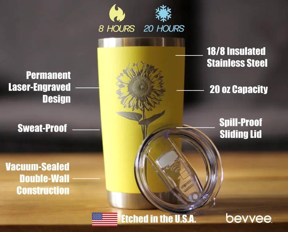 Insulated Coffee Tumbler | 12 oz Stainless Steel | Sliding Lid | Sunflower