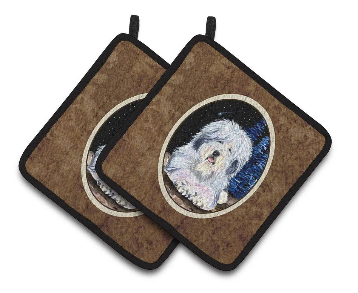 Pot Holder Set of 2 | Heat Resistant Quilted Hot Pads | 7.5 x 7.5 Inch | Starry Night Old English Sheepdog