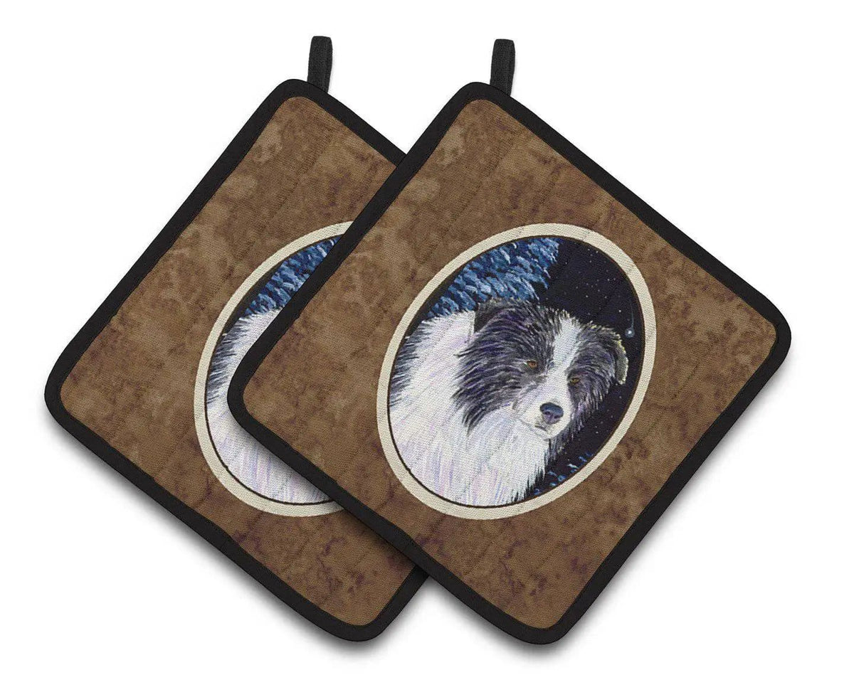 Pot Holder Set of 2 | Heat Resistant Quilted Hot Pads | 7.5 x 7.5 Inch | Starry Night Border Collie