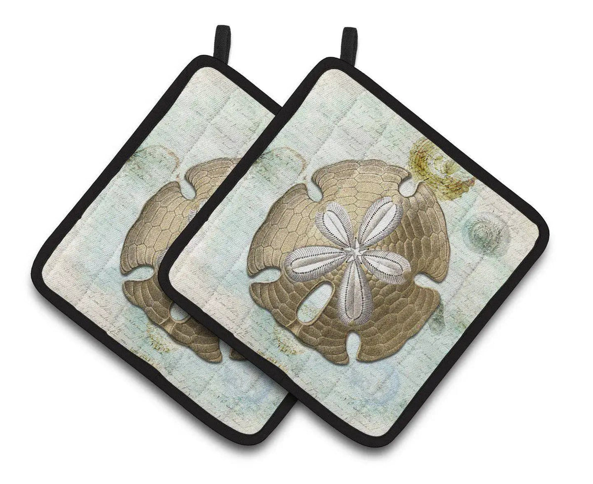 Pot Holder Set of 2 | Heat Resistant Quilted Hot Pads | 7.5 x 7.5 Inch | Beach Gold Sand Dollar