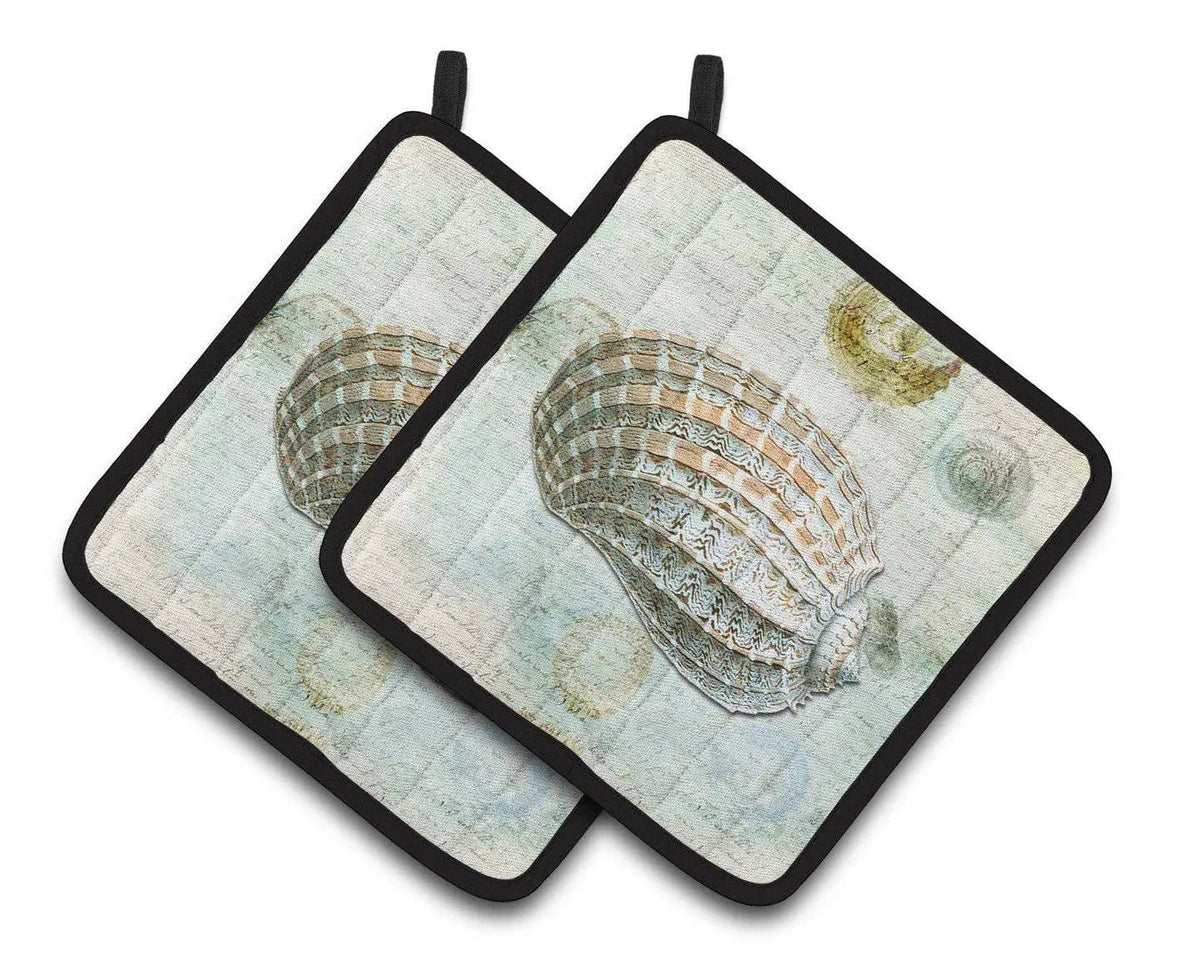Pot Holder Set of 2 | Heat Resistant Quilted Hot Pads | 7.5 x 7.5 Inch | Beach Conch Shell Top