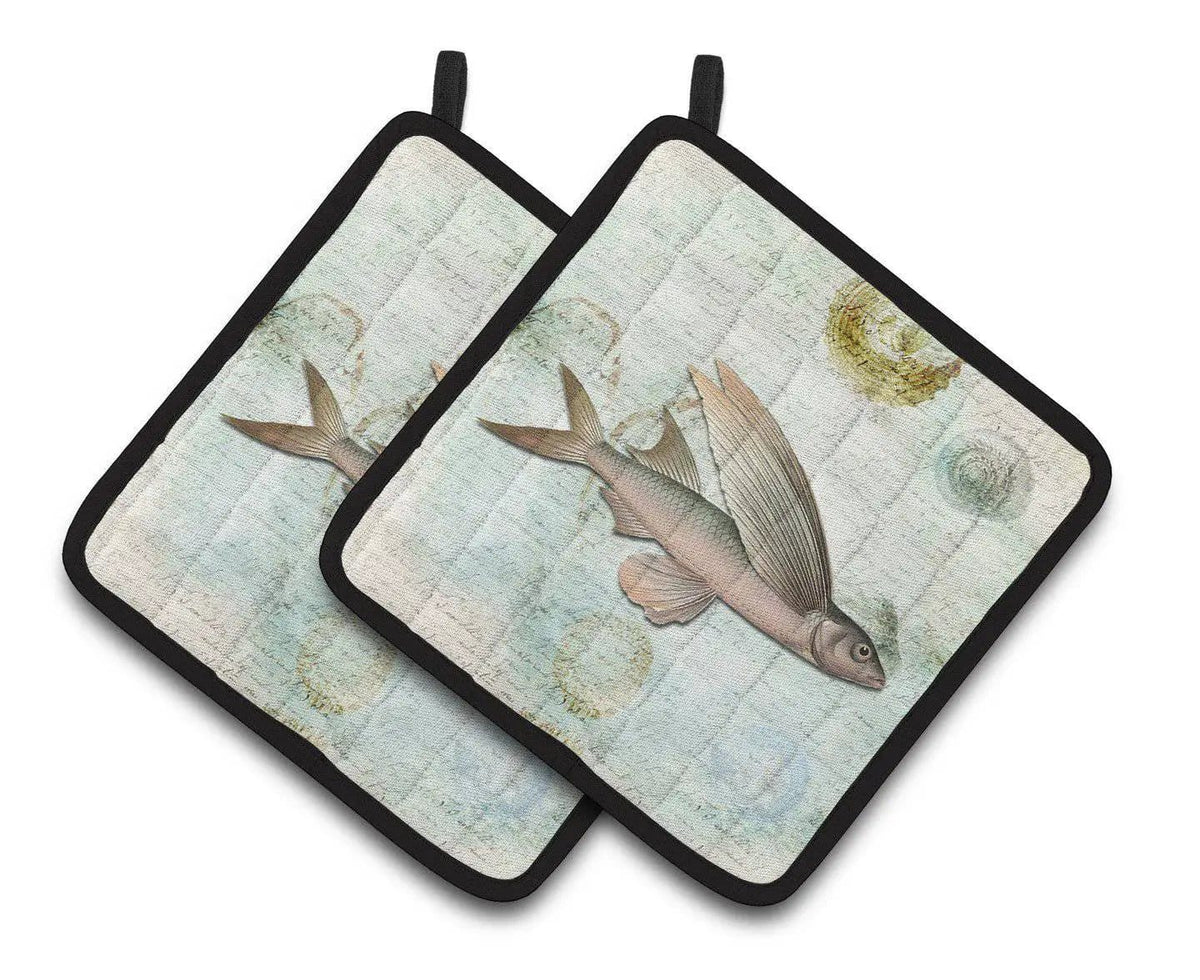 Pot Holder Set of 2 | Heat Resistant Quilted Hot Pads | 7.5 x 7.5 Inch | Beach Fly Fish