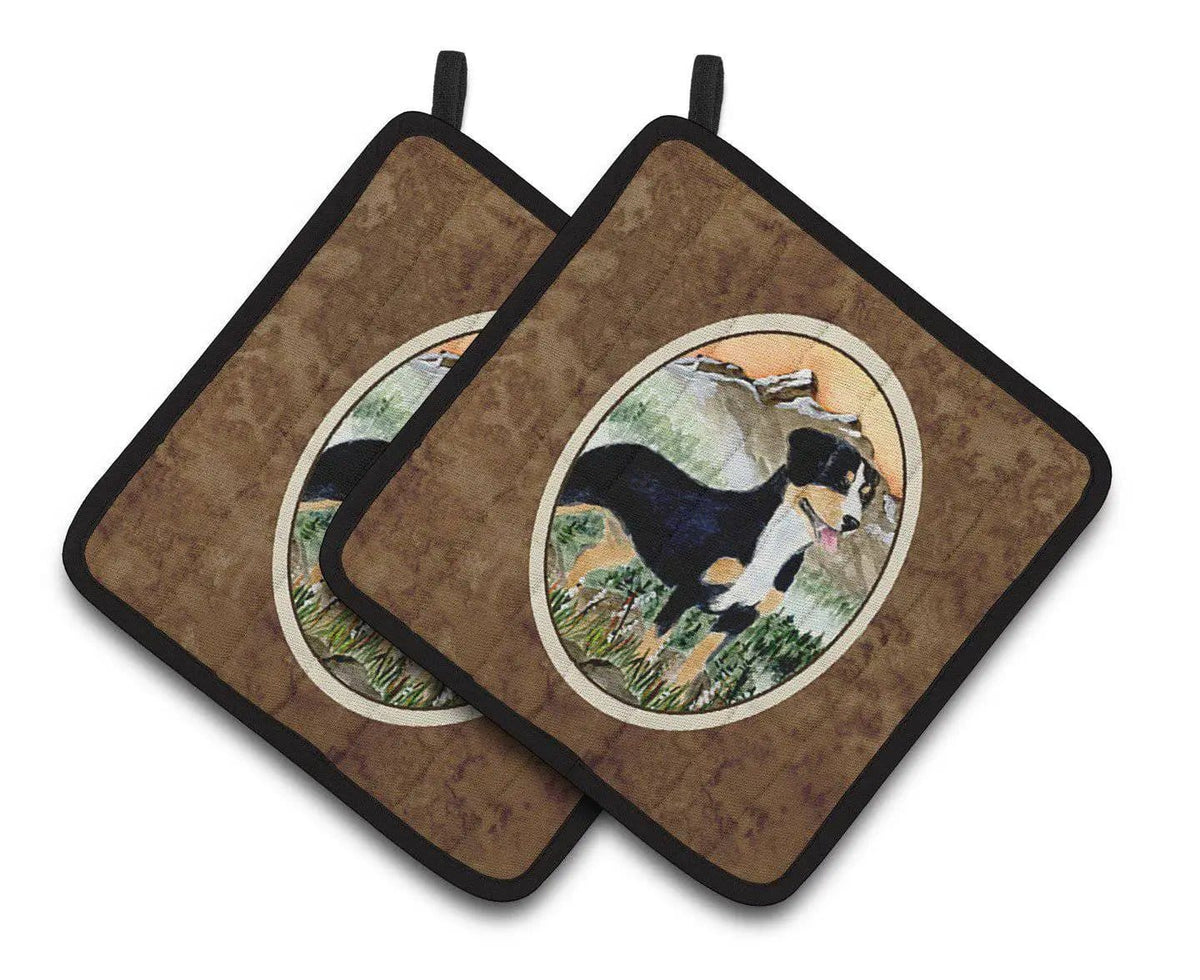Pot Holder Set of 2 | Heat Resistant Quilted Hot Pads | 7.5 x 7.5 Inch | Entlebucher Mountain Dog