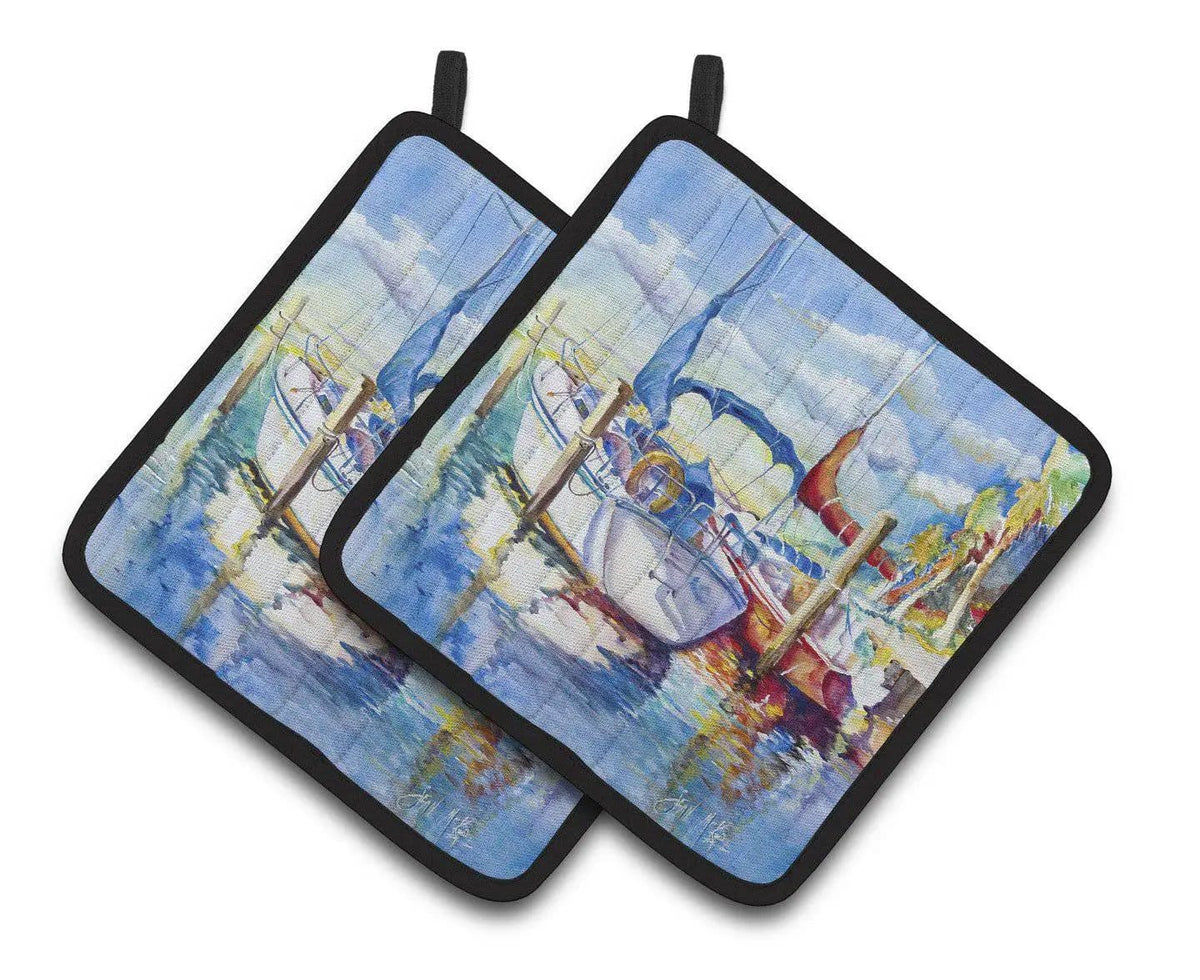Pot Holder Set of 2 | Heat Resistant Quilted Hot Pads | 7.5 x 7.5 Inch | Towering Q Sailboats