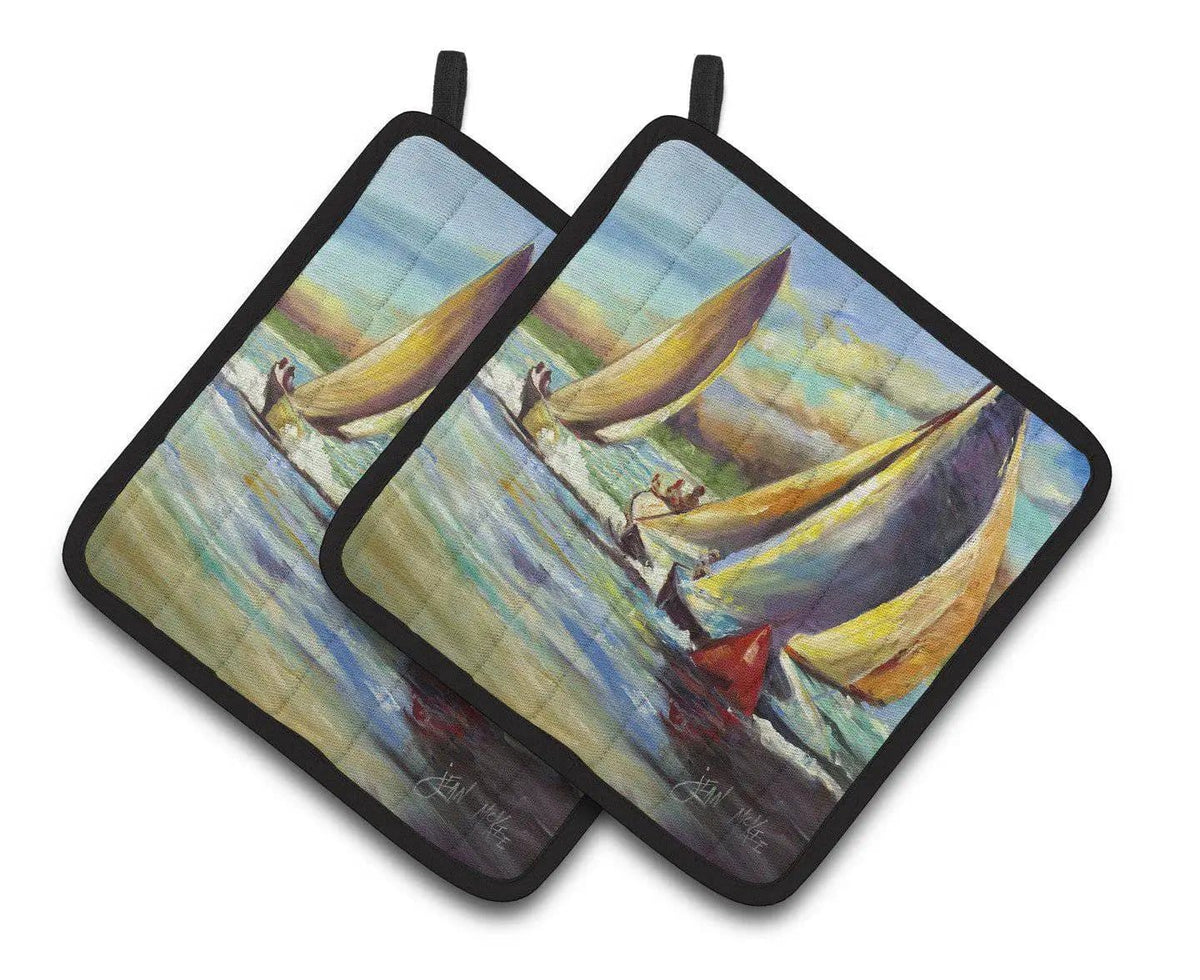 Pot Holder Set of 2 | Heat Resistant Quilted Hot Pads | 7.5 x 7.5 Inch | Knost Reggata Sailboats